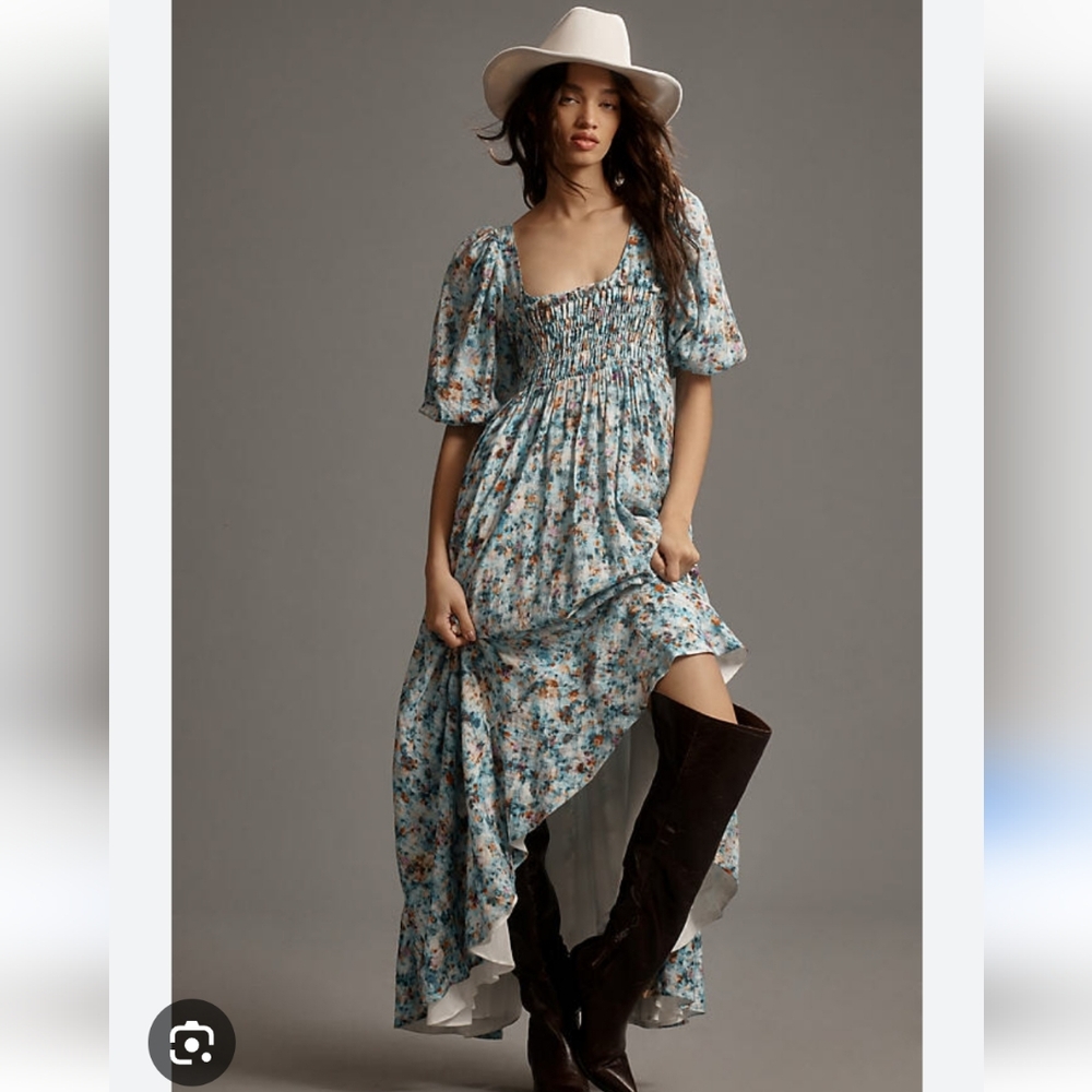 By Anthropologie Short-Sleeve Smocked Babydoll Midi Dress